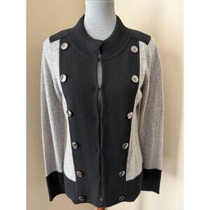 Neiman Marcus Size M Black Gray Colorblock Military Cashmere Cardigan Sweater